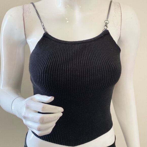 Reformation Black Ribbed Knit Chain Strap Fitted Tank Top - Picture 1 of 7